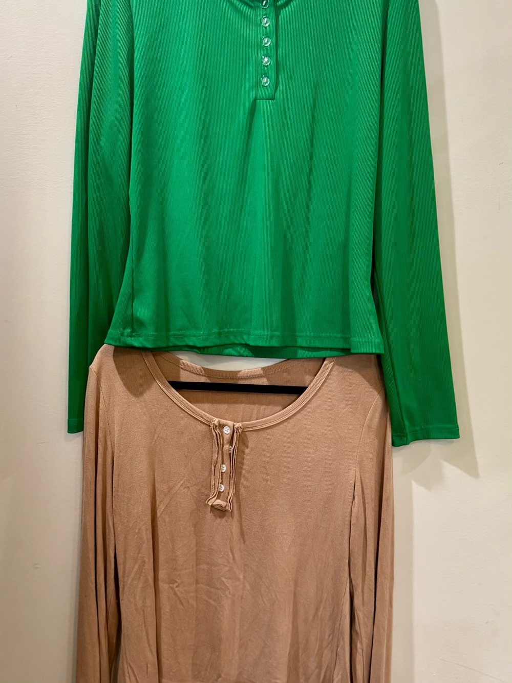 Bright Green Long-Sleeve Henley Top and Beige Henley Top
